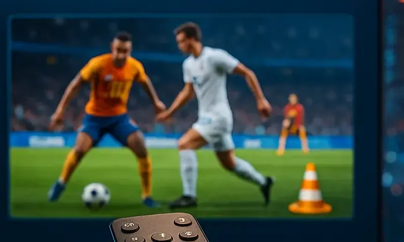 Un match de football en direct sur un téléviseur, une télécommande tenue au premier plan